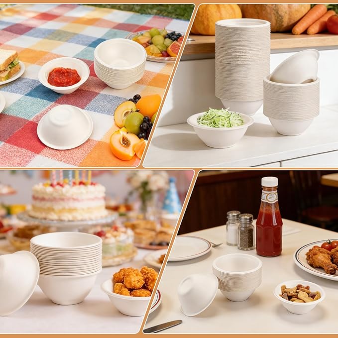 LeonBach 150 Pack 6oz Natural Bagasse Fiber Bowls, Small Disposable Paper Bowls Microwavable Safe Sample Snack Cups Charcuterie Serving Cups for Sauce Portion Condiment Ice Cream Desserts, White