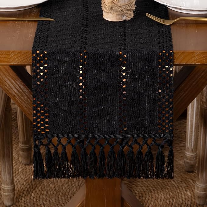 DeZerlor Black Boho Macrame Farmhouse Woven Table Runner 72Inch | Cotton Linen by DeZerlor