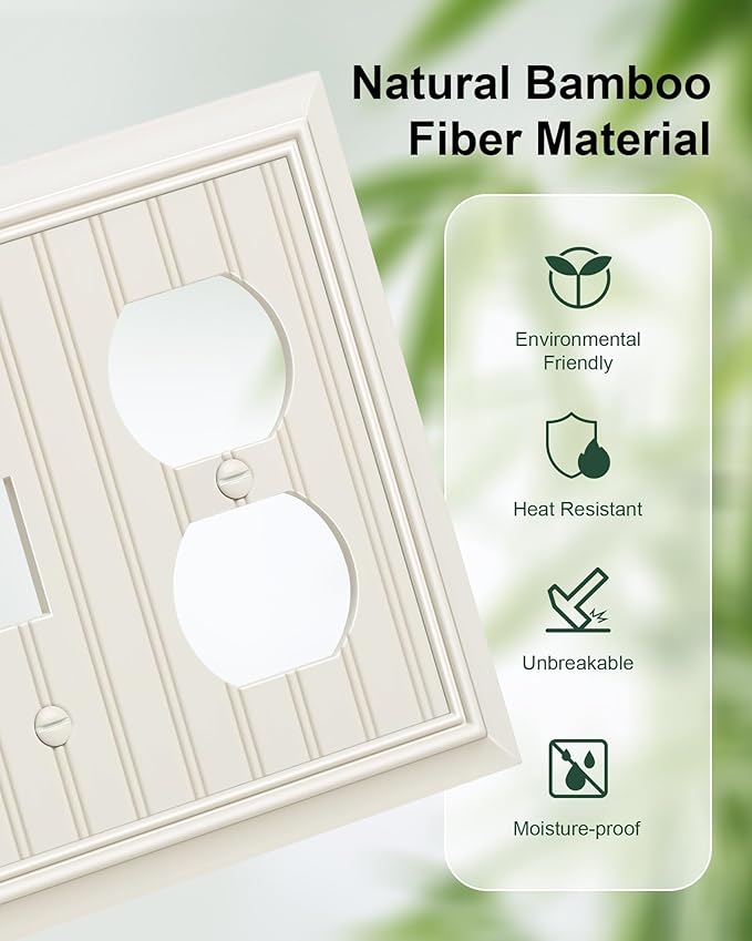 2-Pack Classic Beadboard Combo Toggle/Duplex Light Switch Cover Plate, Light Almond Outlet Cover Plate, Natural Bamboo Fiber Decorative Wall Receptacle Cover for Electrical Outlets, Light Switch