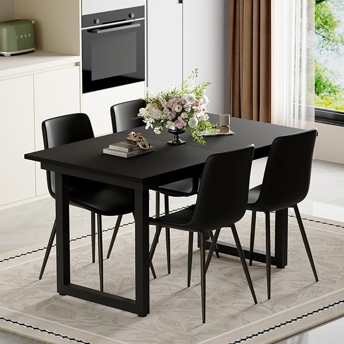 Extendable Dining Table Set for 8, 55"–71" Modern Black Kitchen Table with 8 Upholstered Chairs, Space-Saving for Living Room Apartment, Sturdy & Comfortable, Easy Assembly