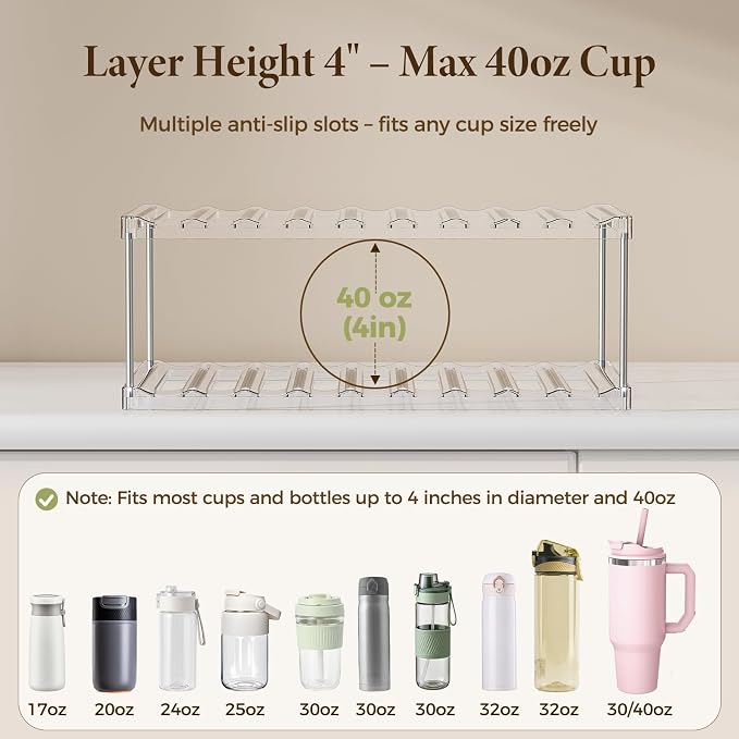 LAMU Stackable Water Bottle Organizer Holder Tumbler Cup Storage Rack | 2 Tier - Image 3