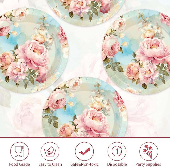 50Pcs Peony Floral Party Supplies 9" Vintage Floral Paper Plates Disposable Pink Peonies Tableware for Birthday Bridal Shower Baby Shower Wedding Party Decorations