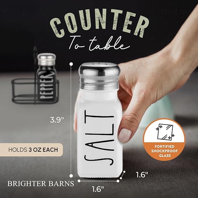 Salt and Pepper Shakers Set with Holder by Brighter Barns - Cute Modern Farmhouse Kitchen Decor, Table Decor - Vintage Glass Black White Shaker Set with Caddy and Stainless Steel Lids (Black/White)