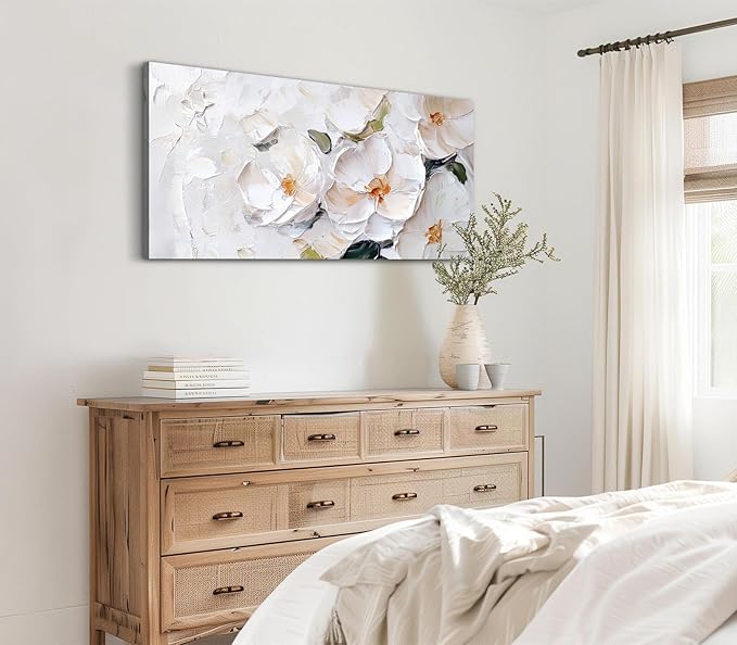 ADJUVANT Wall Art Impressionist Minimalist White Floral 48"L x 24"W, White Flowers With Subtle Tones Canvas Painting Delicate Petals Artwork Floral Wall Decor for Living Room Bedroom Bathroom Home Office