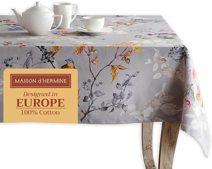 Maison d' Hermine Table Cloth Rectangle Table 100% Cotton 60 x 90 Inches Fall Tablecloth Reusable Everyday Use for Thanksgiving Christmas Decorations Dining Farmhouse Party (Equinoxe - Grey)
