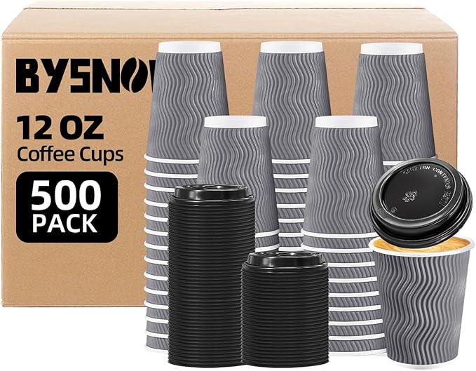 500 Pack 12 oz Coffee Cups with Lids, Disposable Insulated Hot Cups To Go Paper Coffee Cups, Corrugated Ripple Wall Cup for Hot Drink, Office, Coffee Bar (Grey 12 oz)