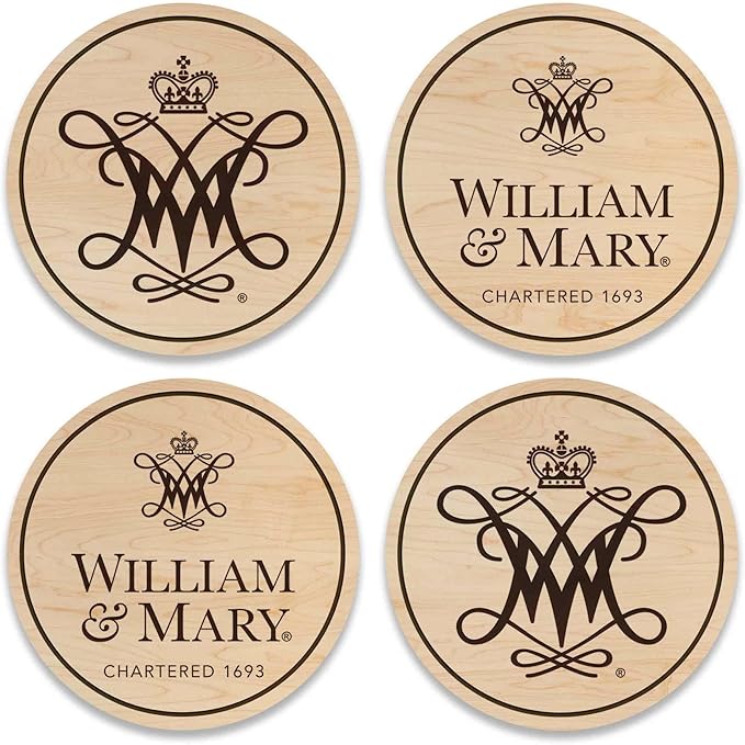 LazerEdge William & Mary Tribe Wooden Coaster Set - Maple Wood - Officially Licensed Product - 4-Pack