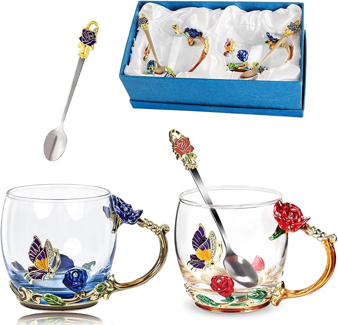 Tea Cup Glass Coffee Mugs, Fancy Tea Cup Set Birthday Christmas Valentine's Day by DUMVOIN