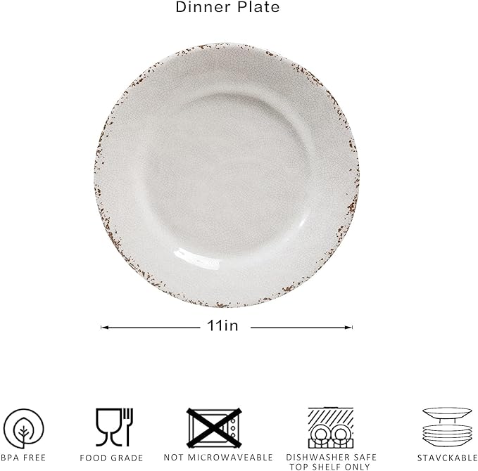 Classic Vintage White Melamine Dinner Plate Set, 11-inch Lightweight Round Kitchen Plates Set for Salad, Pasta –Unbreakable RV, Camping Dining Serving Dishes for Parties, Set of 6…