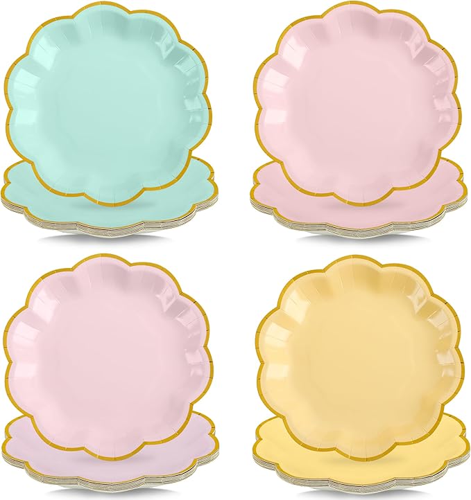 24 Pcs Pastel Scalloped Paper Plates 7 Inch Disposable Macaron Colorful Dessert Plates with Gold Edge Gradient Rainbow Party Supplies for Wedding Birthday Baby Shower Bridal Summer Decorations