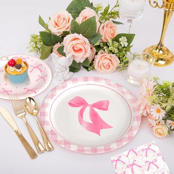 180Pcs Pink Bow Party Supplies Paper Plates and Napkins Serve 60 | Disposable - Image 6