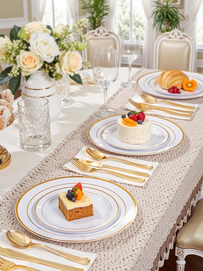 WDF 120 pieces Gold Disposable Plastic Plates - White and Gold Plates Include 10.25" Dinner Plate & 7.5" Salad Plate for Weddings/Party/Valentine's Day