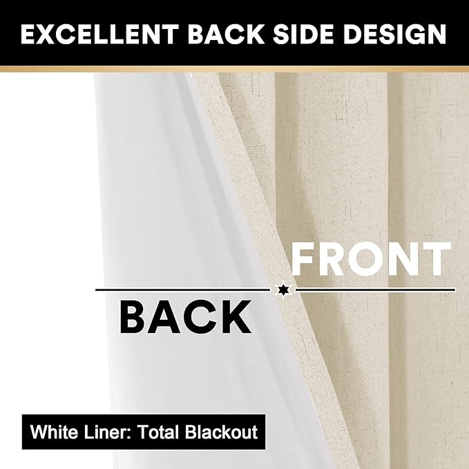 PrinceDeco 100% Blackout Curtains 108 Inches Long 2 Panels Set for Bedroom Living Room Farmhouse Style Keep Warm Large Window Draperies 108 inches Length with Thermal Insulated Liners，Bleached Sand
