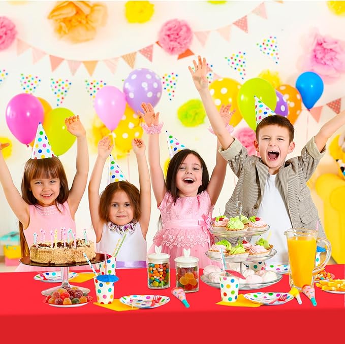 54 Inch X 200 Feet Plastic Table Cover Roll with Convenient Slide Cutter, Disposable Plastic Table Cloth Roll with Cut-to-Size Design for Weddings, Banquets, Parties (Red)