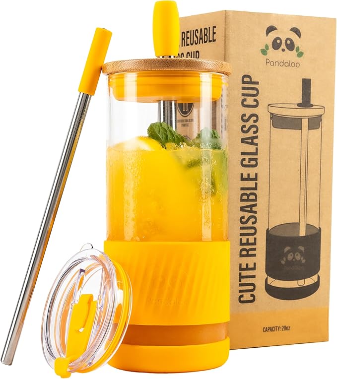 Pandaloo® Glass Cups With Lids and Straws -20 Fl Oz- Perfect Size Iced Coffee by Pandaloo