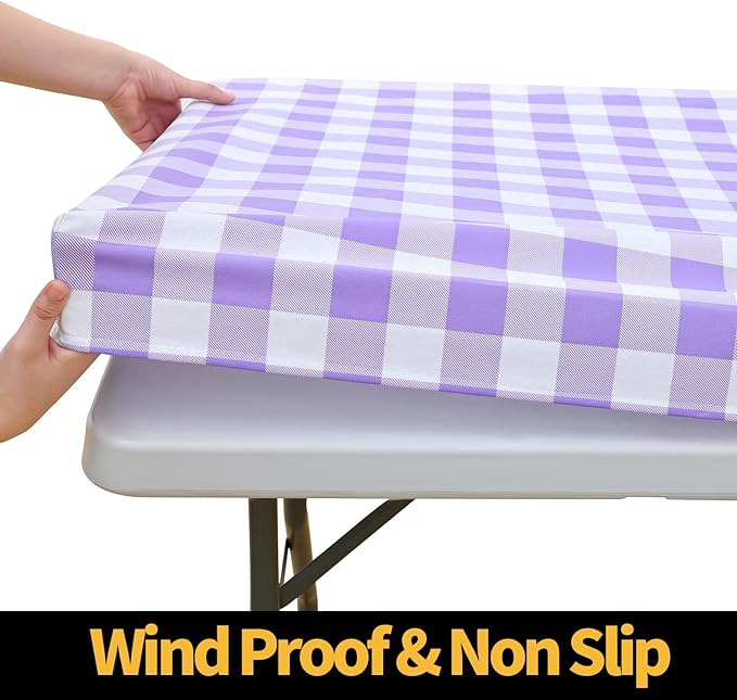 Smiry Rectangle Picnic Table Cloth, Elastic Waterproof Fitted Vinyl Tablecloths, Flannel Backed Buffalo Plaid Table Covers for Dining, Camping, Outdoor (White and Purple, 24" x 48")