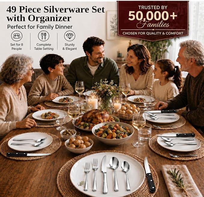 49-Piece Silverware Set with Organizer, Stainless Steel Flatware Utensils Set - Image 7