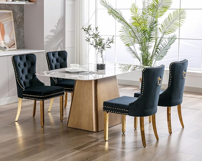 KCC Velvet Dining Chairs Set of 2, Upholstered High-end Tufted Dining Chair with Nailhead Back Ring Pull Trim Stainless Steel Legs, Contemporary Nikki Collection Modern Style for Kitchen, Black