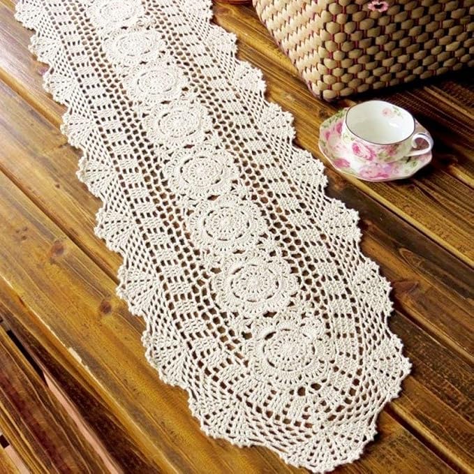 Cotton Handmade Crochet Lace Oval Table Runner Blue 12x60 Inch - Image 2
