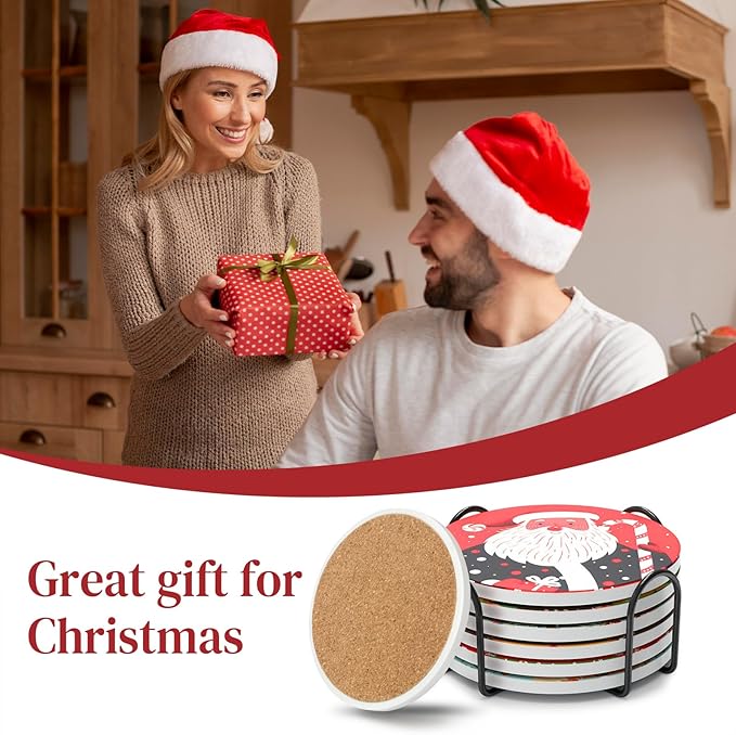 Christmas Coasters with Metal Holder Vintage Santa Drink Coasters Coasters Round Absorbent Ceramic Stone Coaster for Home Kitchen Table Decor Set of 6