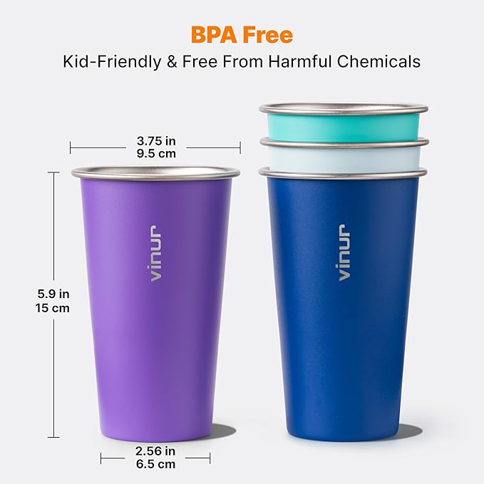 VINUR 4 Pack Stainless Steel Cups 20 oz Pint Tumbler Stackable Metal Drinking Glasses for Travel, Camping, Outdoors (Baby Blue-Navy-Teal-Purple)