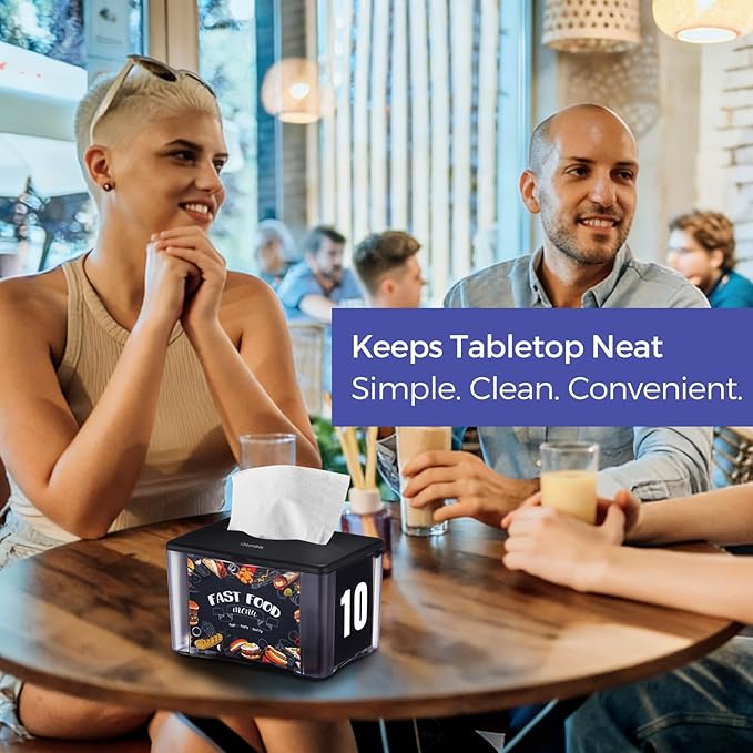 Interfold Tabletop Napkin Holder, Commercial Restaurant Napkin Dispenser with 4-Sided Marketing Insert Display, Easy-Access Black Napkin Dispenser for Counters & Tables