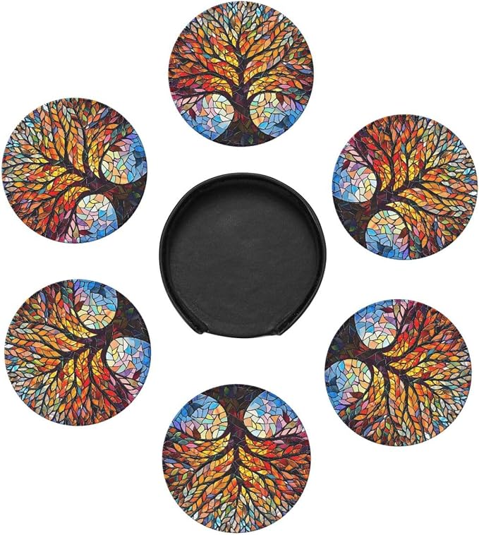 Drink Coasters with Holder Stand Set of 6, Tree of Life Stained Glass Pu - Image 5