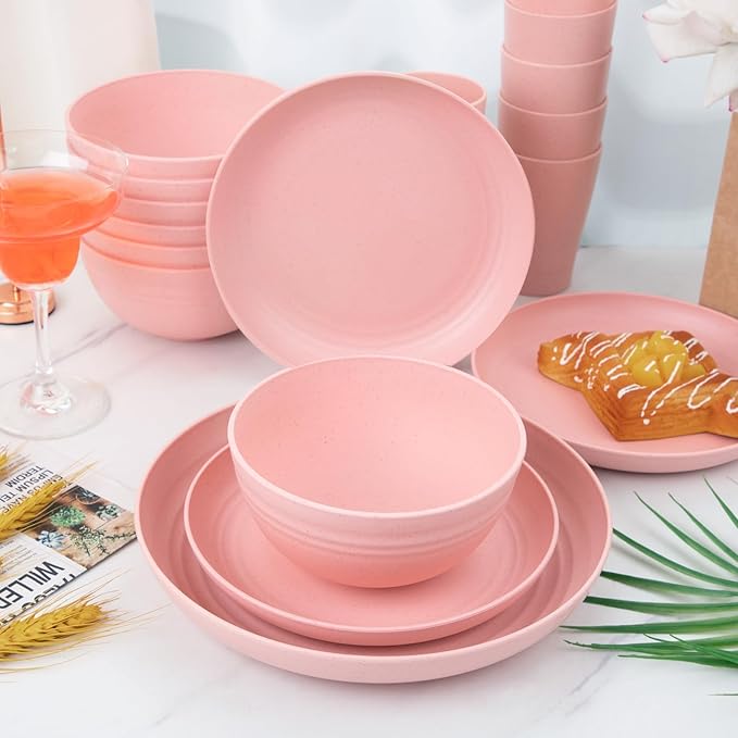 Supernal Pink Wheat Straw Dinnerware Sets,Unbreakable Dishes for 8, Plate and Bowls Sets, Reusable Plates, Dishwasher Safe Plates,Plastic Dinnerware Set, Pink Plastic Tableware