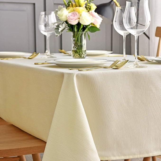 maxmill Jacquard Tablecloth Swirl Design Spillproof Wrinkle Free Heavy Weight Soft Table Cloth Decorative Fabric Table Cover for Outdoor and Indoor Use Oblong 60 x 120 Inch Ivory