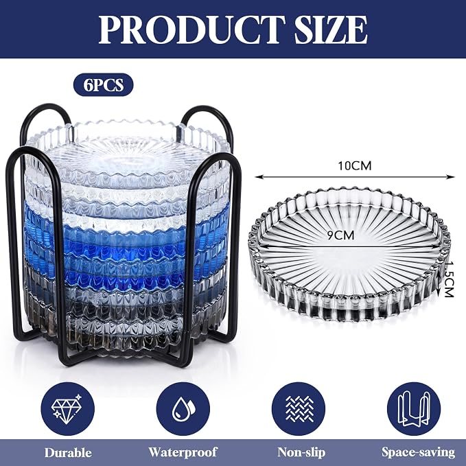 6 Pcs Glass Coasters with Holder Clear Drink Coasters Crystal Round Beverage - Image 2