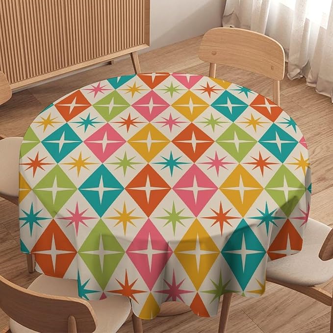 Abstract Geometric Round Tablecloth, Mid Century Retro Abstract Vintage Tablecloth for Home Party Dining Room Kitchen Decor 70Inch(178cm)