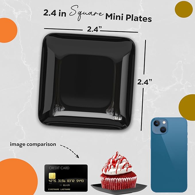 Exquisite Tiny Mini Disposable Appetizer Plates - 240 Pack 2.4 In. x 2.4 In. Black Plastic Wedding Plates - Small, BPA Free