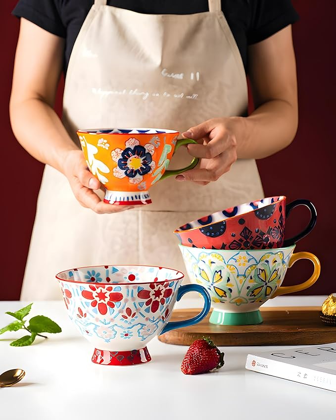25oz Ceramic Soup Bowl with Handle – Handcrafted Floral Pottery Cereal & Ramen Bowl – Large Microwave & Dishwasher Safe Decorative Bowl for Everyday Use or Gift (Sunset Fiesta, 17oz)
