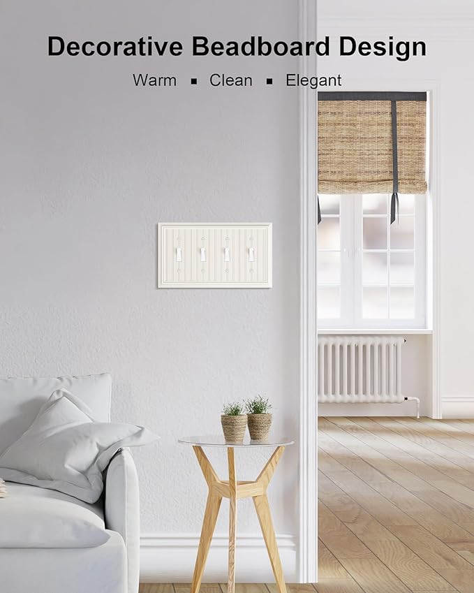 2-Pack Classic Beadboard Quad Toggle Light Switch Cover Plate, Almond Decorative Switch Plate Covers, Natural Bamboo Fiber 4 Gang Wall Plate for Toggle Light Switch and Rotary Dimmer Switch