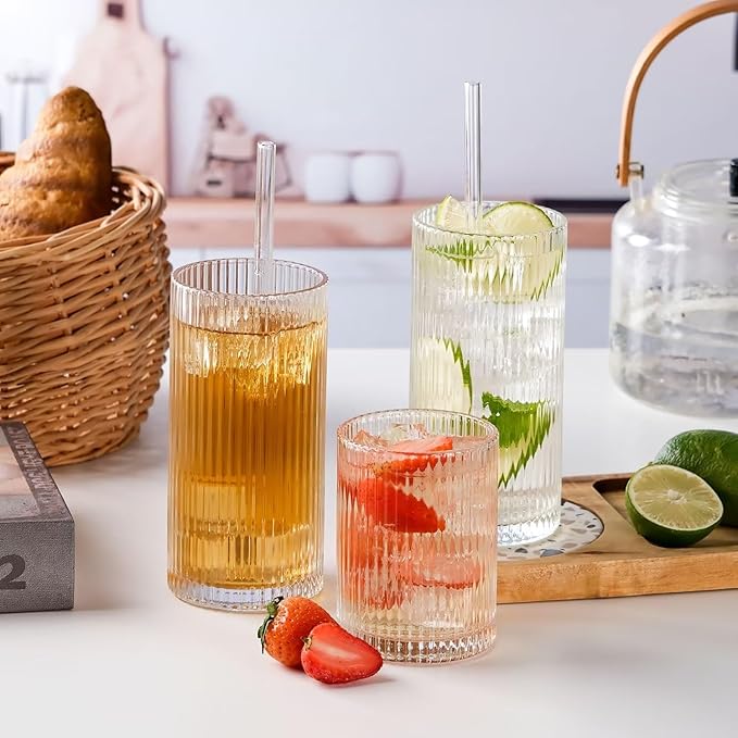 WHJY Ribbed Glassware Highball Glasses Unique Everyday Drinking Glasses Short Glasses Cups Set of 4 for Cocktail, Whiskey, Beer, Juice - 8.8oz 3.7"