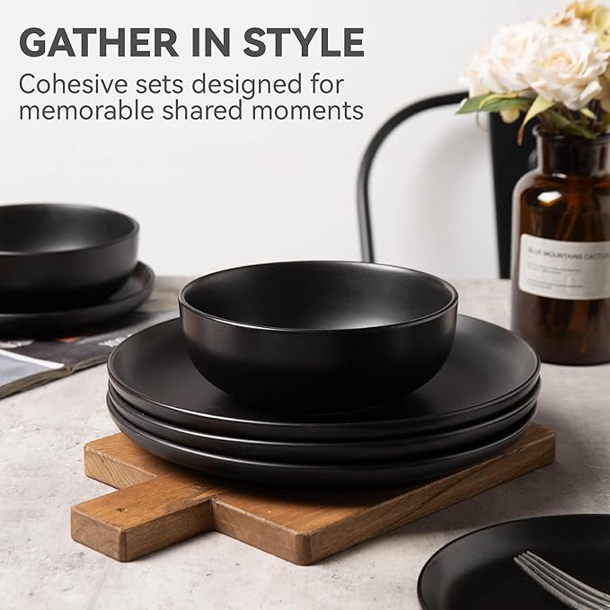 12-Piece Stoneware Dinnerware Set with Mugs | Microwave and Dishwasher Friendly | Stackable Matte Glaze Plates & Bowls | Service for 3 (Black for 3)