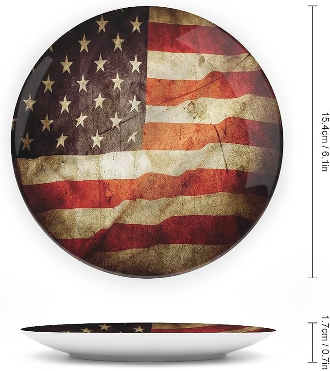 Ceramic Display Plate, American Flag Ceramic Hanging Decorative Plate, Grunge Look Patriotic, 8 Inch, Household Custom Ceramic Plate, Multicolor