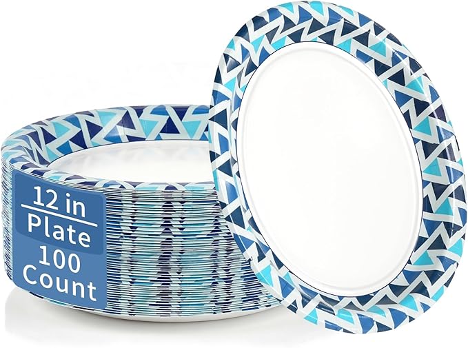 Paper Plates 12 Inch, Microwave Safe, Sturdy Bulk Paper Plates, Elegant Blue by OuMuaMua