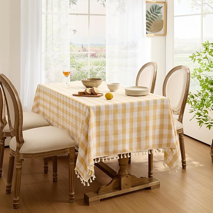Softalker Checkered Tablecloth Square, Outdoor Linen Cotton Gingham Table Cloth with Tassel, Heavy Duty Wrinkle Free Buffalo Plaid Table Cover for Kitchen Dining Home Party - 55 x 55 Inch, Yellow