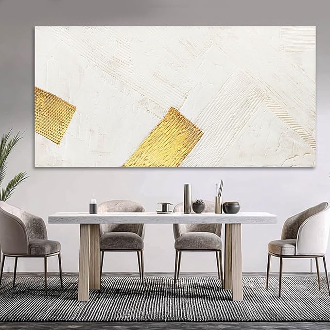 YJYart Large Canvas Wall Art Abstract Wall Decor White Modern Pictures Gold Hand Hand-Drawn Paintings For Home Office Hotel 29"x58"