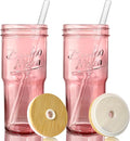 ANOTION Glass Cups with Lids and Straws, 24oz Pink Glass Tumbler Travel Coffee by ANOTION