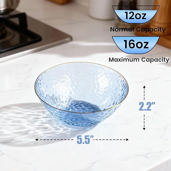 Rubtlamp 30 Pack Blue Disposable Bowls, Clear Plastic Bowls with Gold Rim, 12-16oz Premium Heavy Duty Plastic Dinner Bowls for Party, Wedding and Holiday