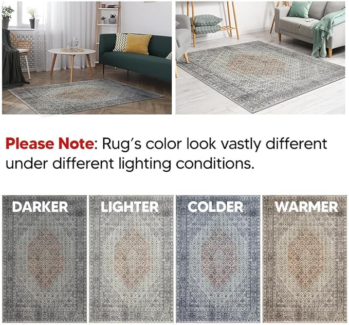 Keen Home Design 8x10 Rug - Machine Washable Area Rug with Non-Slip Backing, Ideal for Living Room, Dining Room, Bedroom - Vintage, Easy Clean, Durable, Low Pile - (8' x 10')