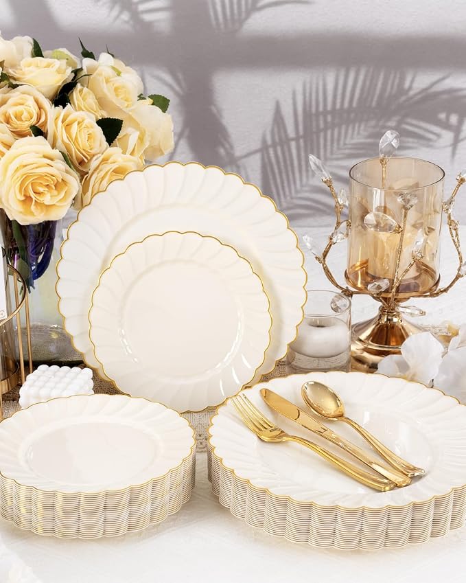 YOUBET 100PCS Ivory and Gold Scalloped Plastic Plates - Image 5