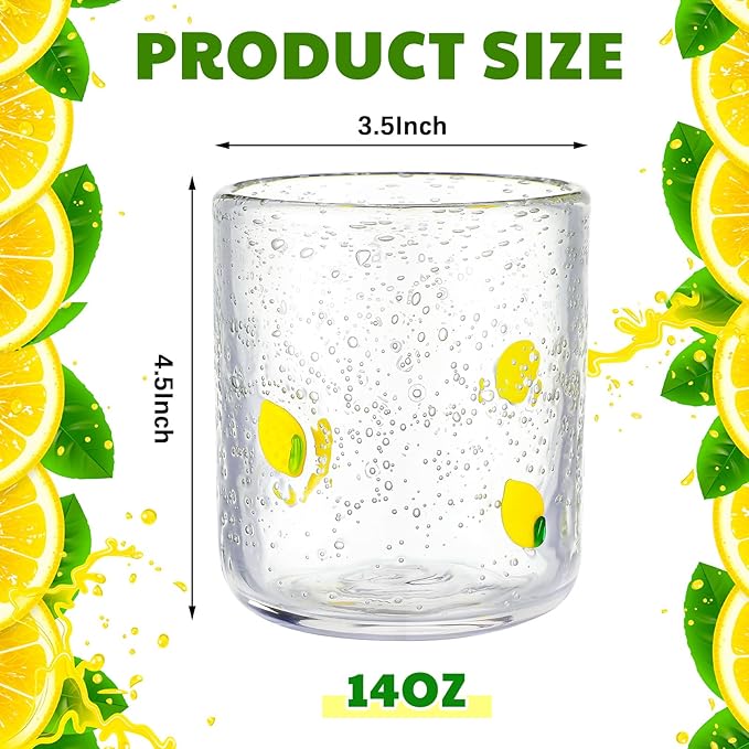 Icon Juice Glasses, 14oz Stemless Wine Drinking Juice Glass Cup for Valentine Party Supplies Gift(2 Pcs,Lemon)