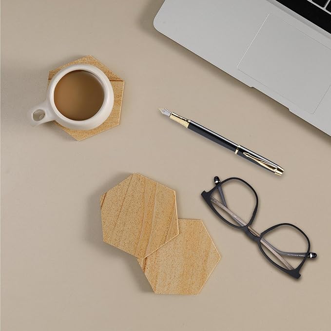 Hexagonal Sandstone Coaster Set of 6, Highly Absorbent Coasters for Drinks, Desert-Like Patterns Natural Sandstone Drink Coasters with Holder for Home Decor, Velvet Backed, Housewarming Gift