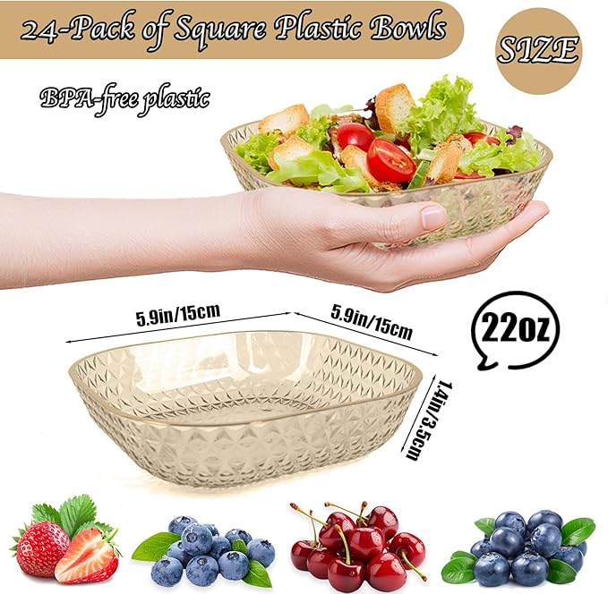 Clear Plastic Bowls, 24 Pack 22 Oz Plastic Serving Bowl Salad Serving Bowl Fruit Salad Bowl For Party Wedding Birthday Snack Fruit (Gold)