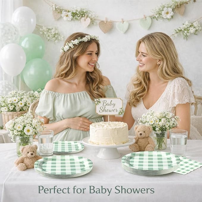 150PCS Sage Green Gingham Paper Plates and Napkins Serve 50 Guest Party | Green - Image 6