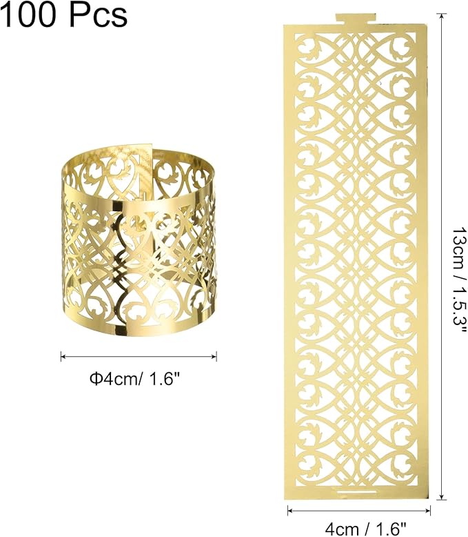 uxcell 100Pcs Napkin Rings Laser Cut Foil Paper, Napkin Holder Hollow Napkin Bands for Weddings Party Serviette Table Decoration Restaurant (Reflective Gold, 5.3 x 1.6)