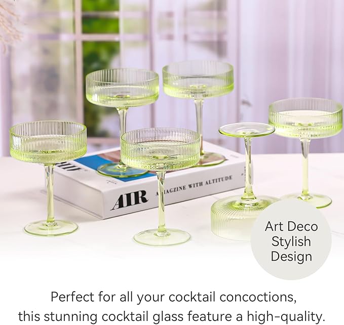 Green Vintage Art Deco Coupe Glasses Set of 6-9 oz Pale Green Ribbed martini Glasses|Vintage Cocktail Glasses Set,Unique Light green Coupe Glass